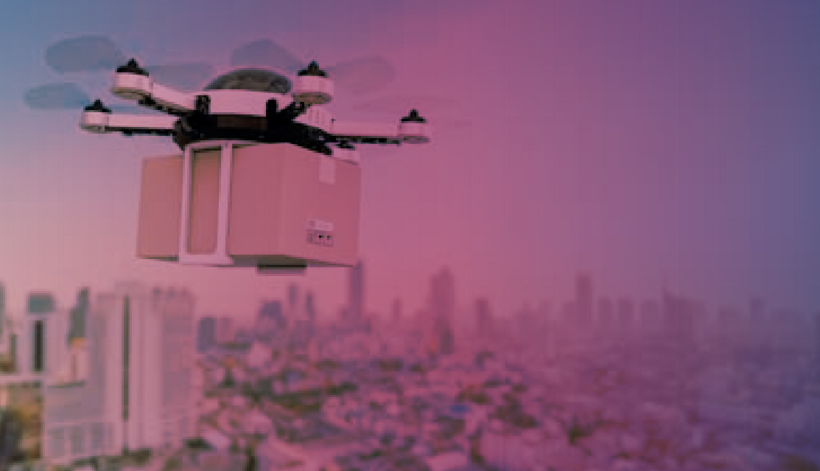 Drone delivering a package in a city