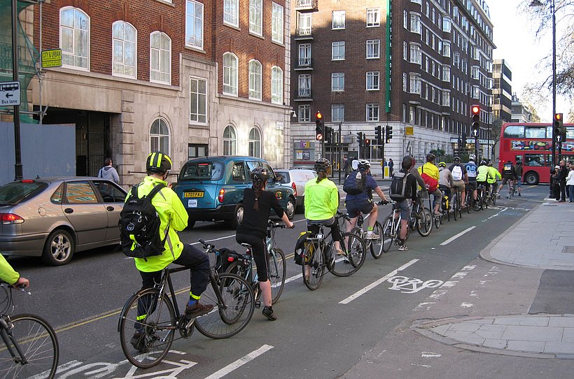 Busy cycling highway in London in front of the conference venue